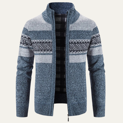 Men’s Zip Up Cardigan with Stand Collar and Chest Pattern