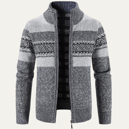 Men’s Zip Up Cardigan with Stand Collar and Chest Pattern