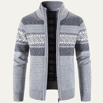 Men’s Zip Up Cardigan with Stand Collar and Chest Pattern