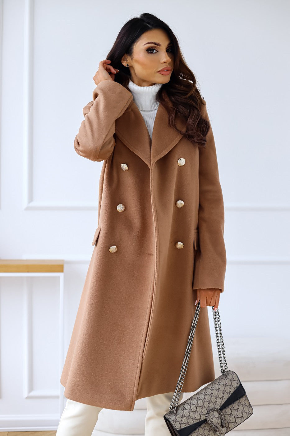 Ladies Classic Long Coat with Luxury Gold Buttons