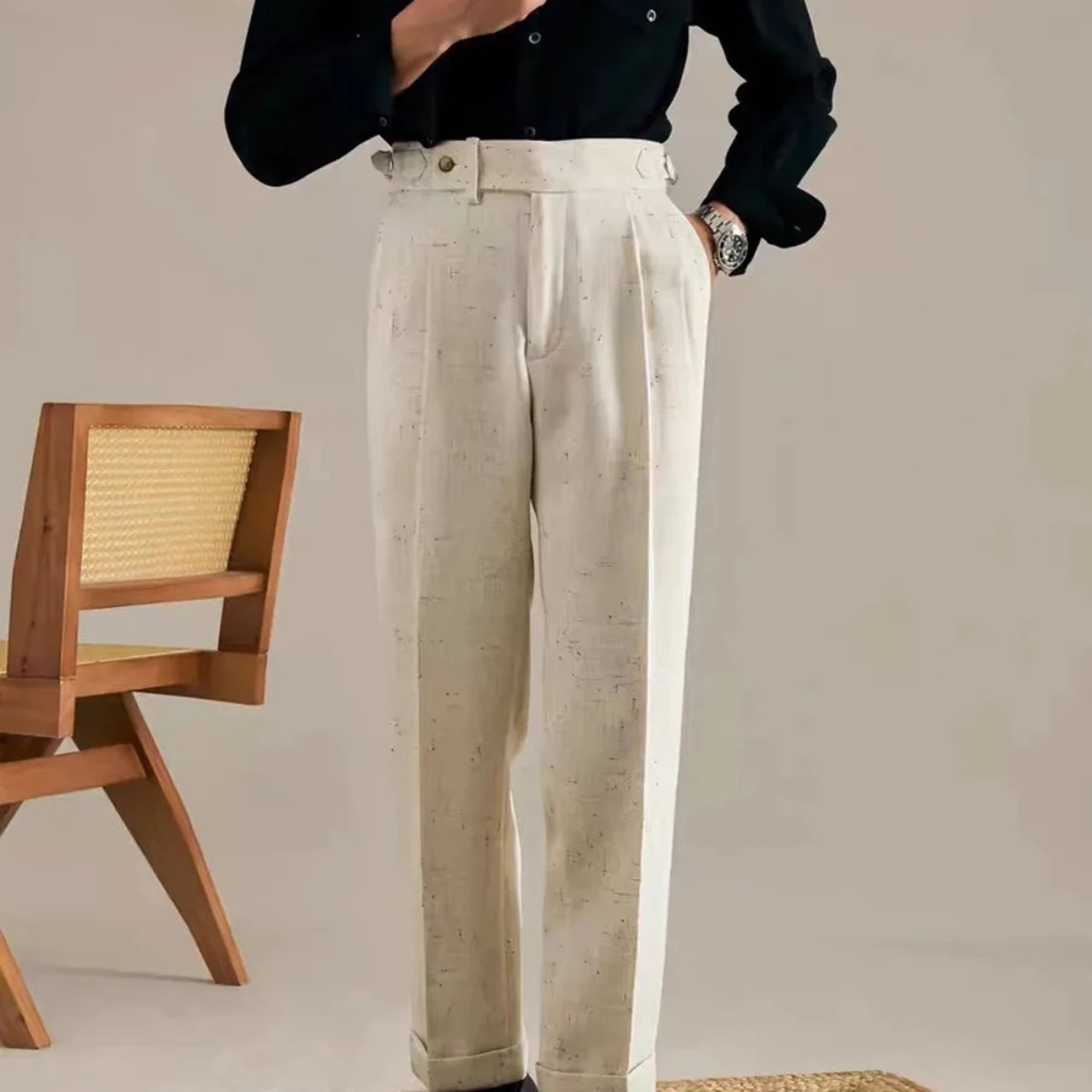 The Viareggio Men's Apricot Adjustable Buckle Smart Casual Trousers