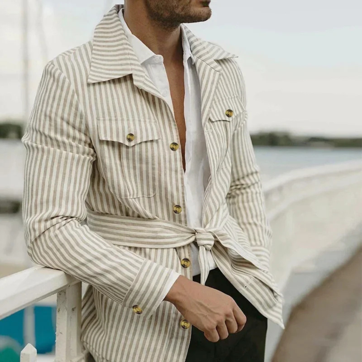 The Lewis Men's Lighweright Striped Linen Shirt with Belt