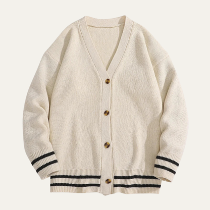 Men’s Varsity V Neck Cardigan with Striped Ribbed Trim