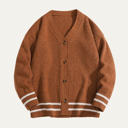 Men’s Varsity V Neck Cardigan with Striped Ribbed Trim