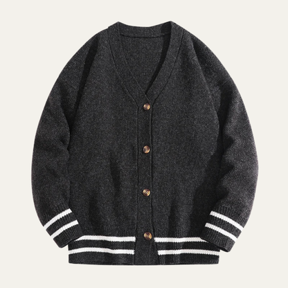 Men’s Varsity V Neck Cardigan with Striped Ribbed Trim