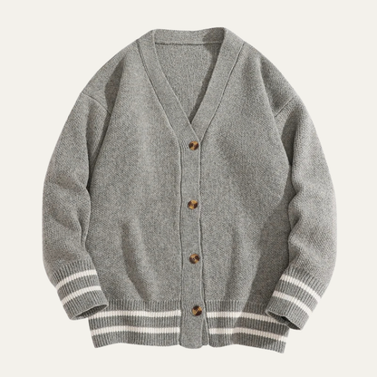 Men’s Varsity V Neck Cardigan with Striped Ribbed Trim