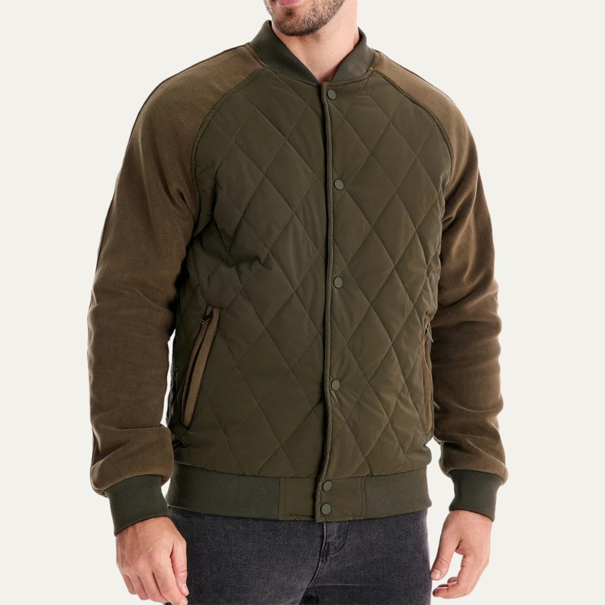 Men’s Quilted Bomber Jacket with Snap Front Closure