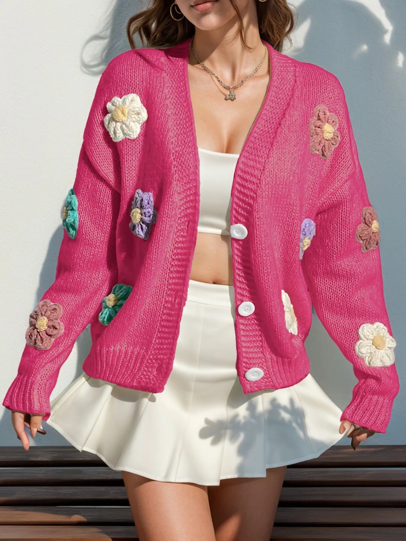 Cozy Women's Open Front Knit Cardigan with Floral Pattern