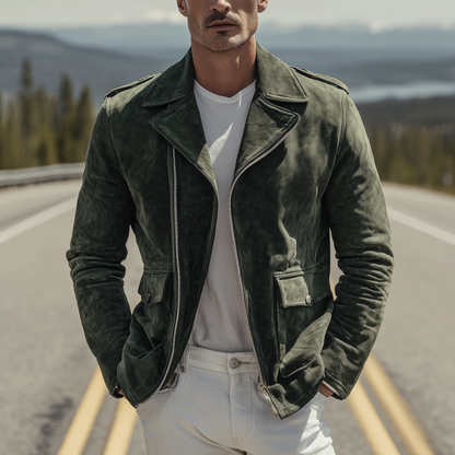 The Regent Men’s Olive Vintage Suede Motorcycle Biker Jacket