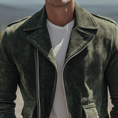 The Regent Men’s Olive Vintage Suede Motorcycle Biker Jacket