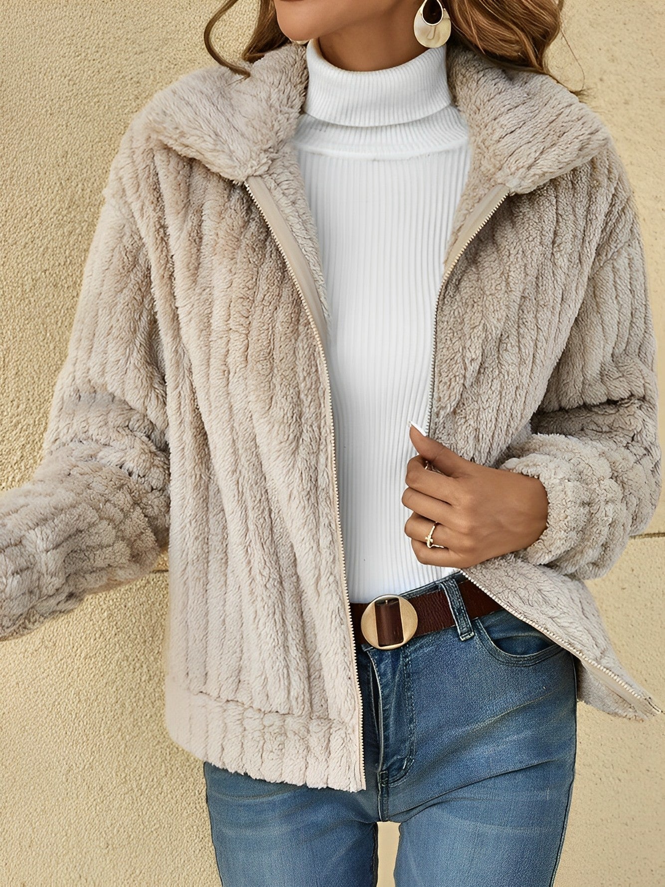 Casual Women's Zip Front Oversized Jacket - BritishElegance