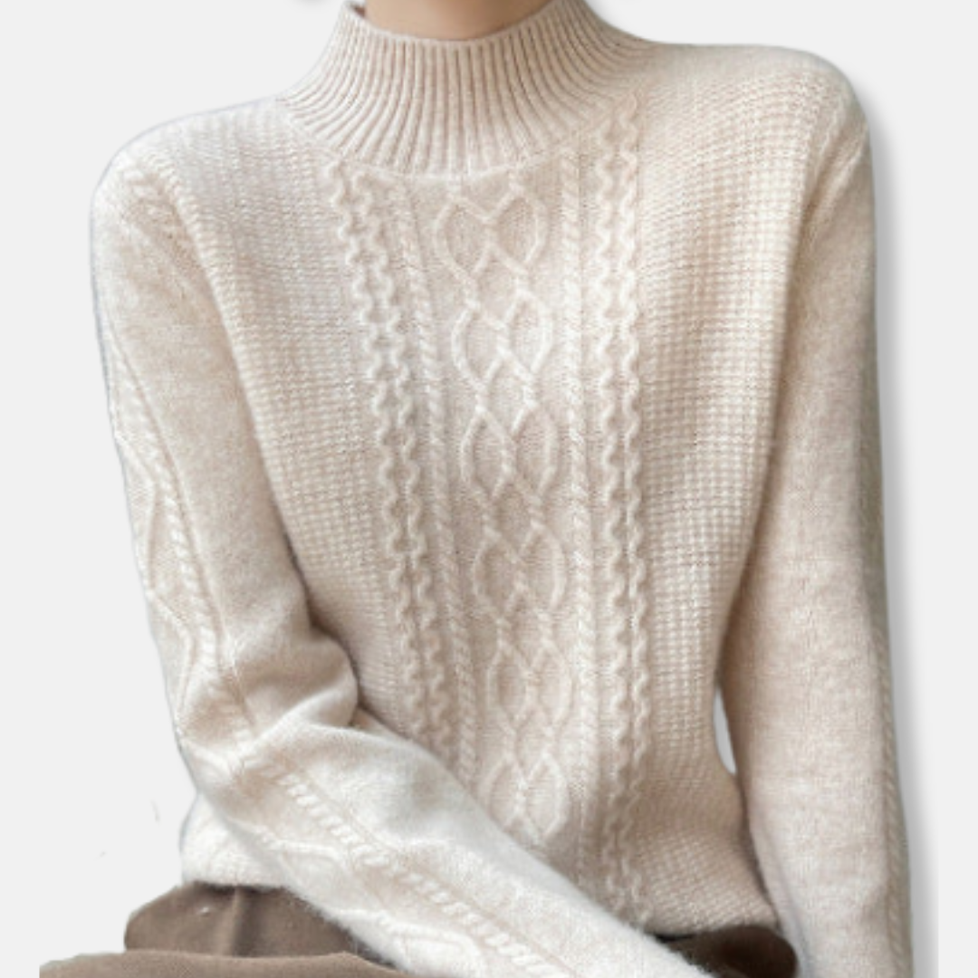 Women’s Sweatshirt – Relaxed Fit – Cable Knit – Soft Wool Blend – Ribbed Mock Neck