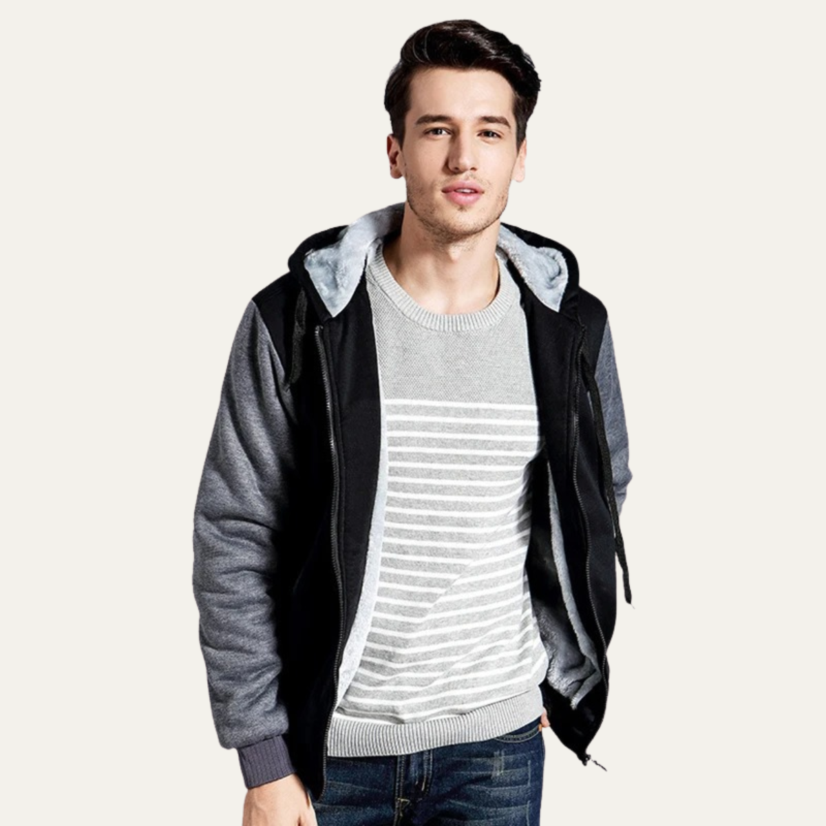 Men’s Color Block Hooded Fleece Jacket with Shearling Lining