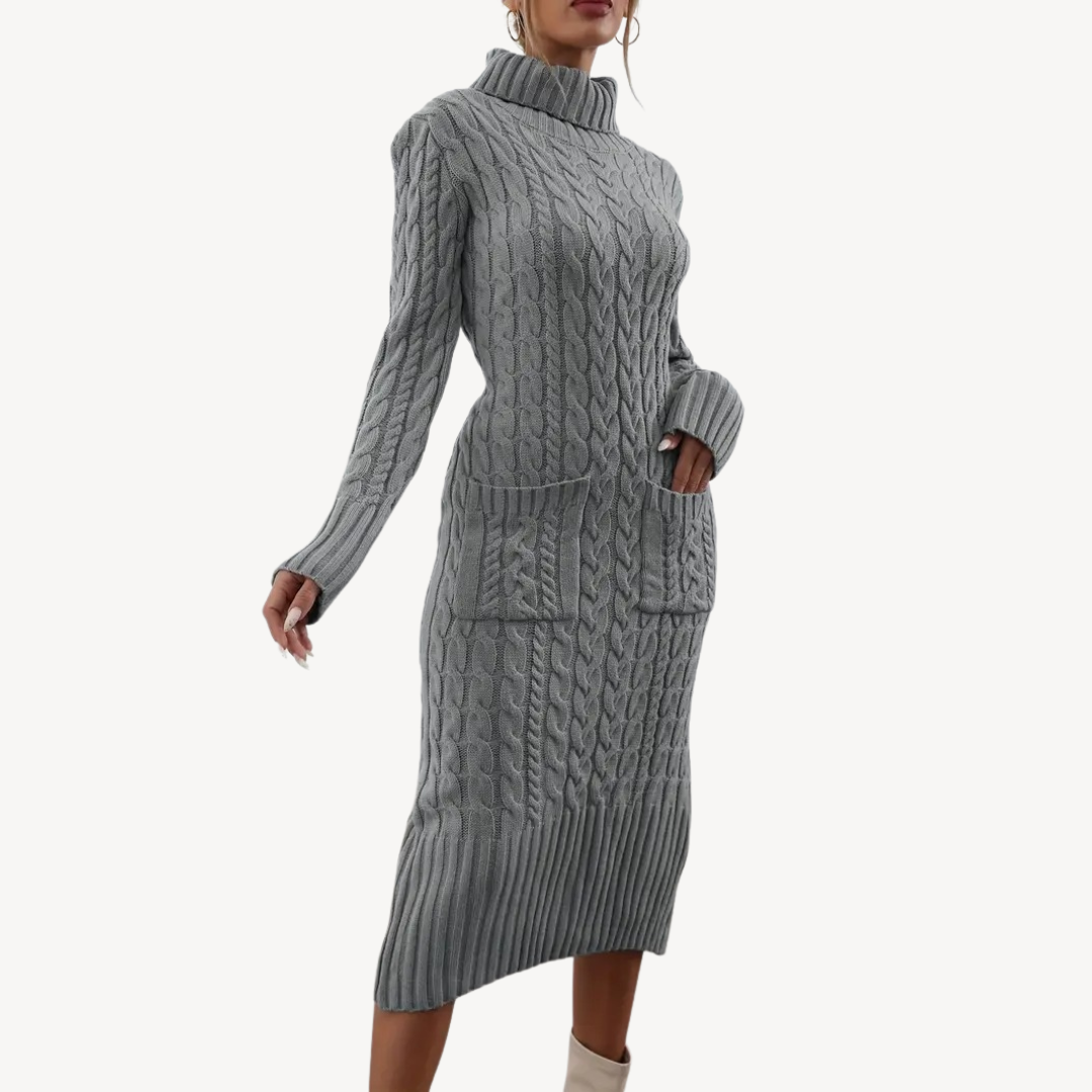 Grey Cable Knit Turtleneck Dress