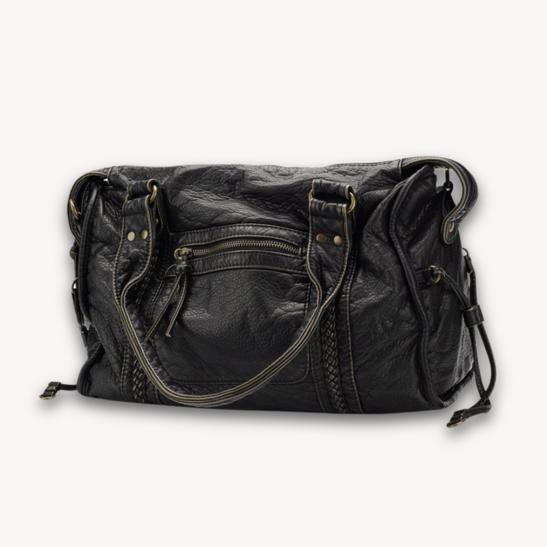 Women's Black Leather Handbag - Soft Tote with Zipper Pocket, Adult Casual Shoulder Bag