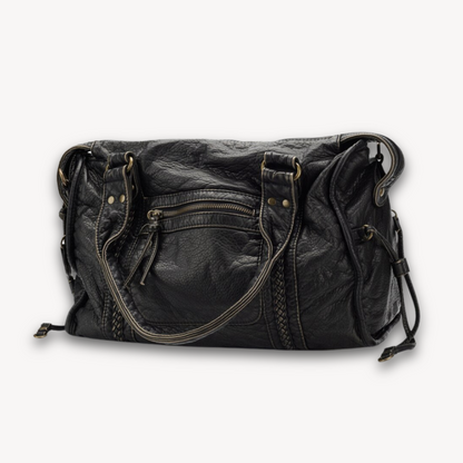 Women's Black Leather Handbag - Soft Tote with Zipper Pocket, Adult Casual Shoulder Bag