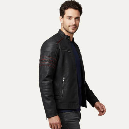 Men’s Faux Leather Racer Jacket with Quilted Trim