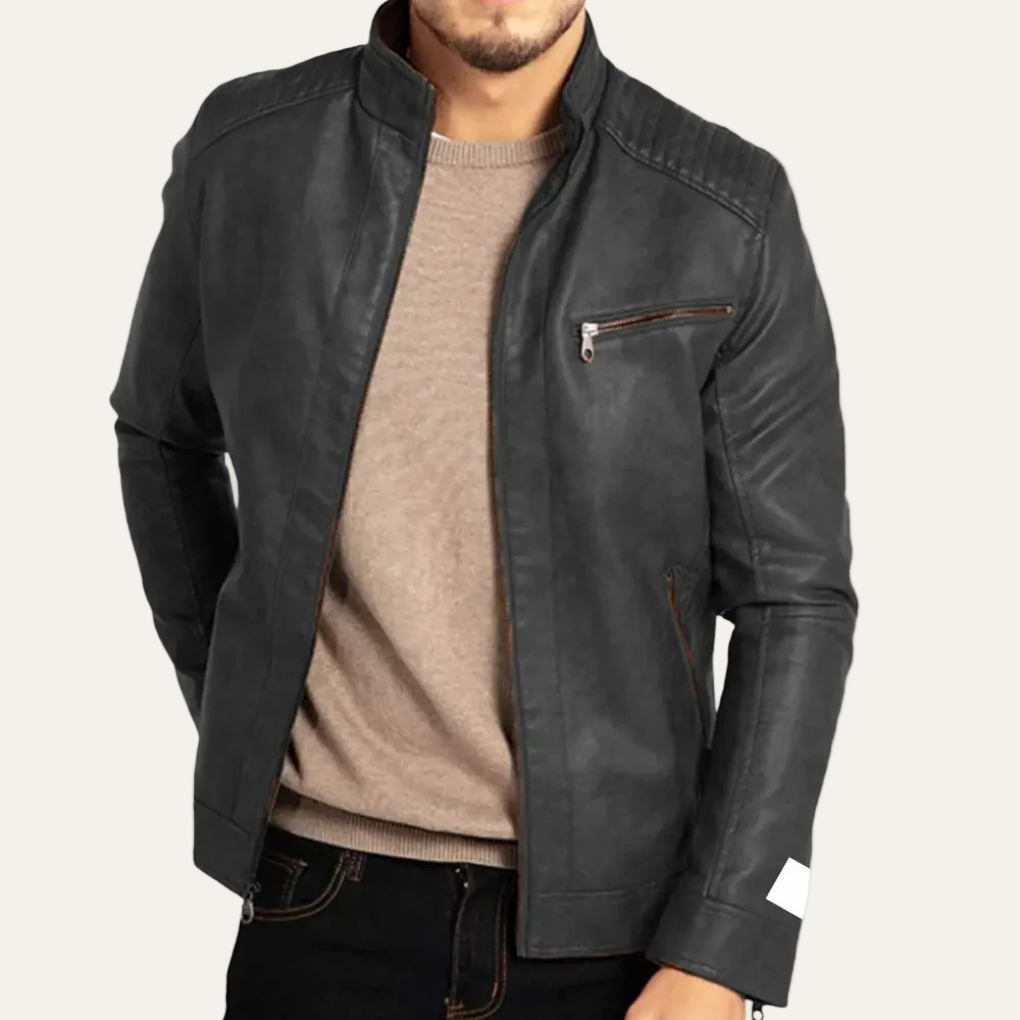Men’s Stand Collar Faux Leather Biker Jacket