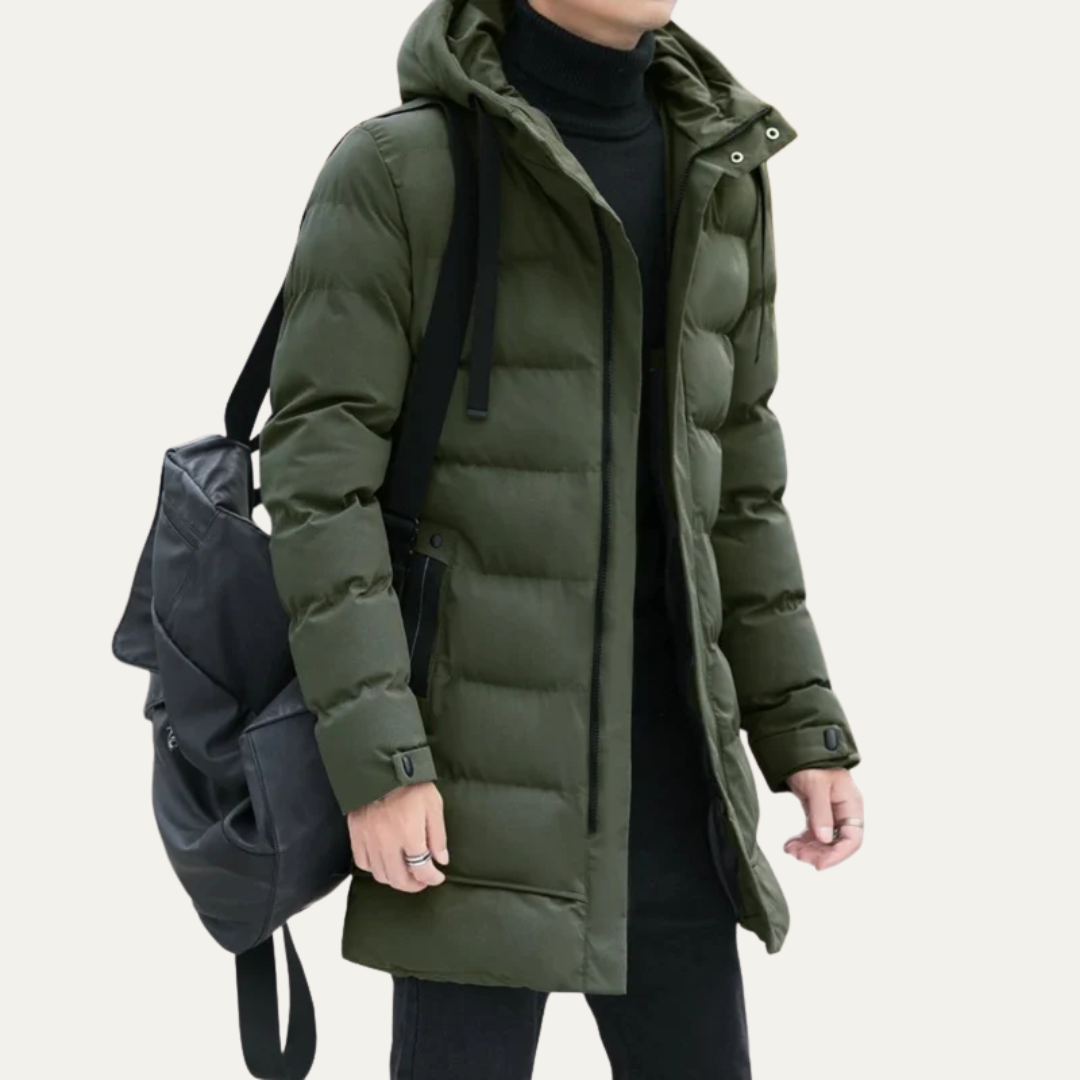 Men’s Long Line Hooded Puffer Coat with Full Zip Closure