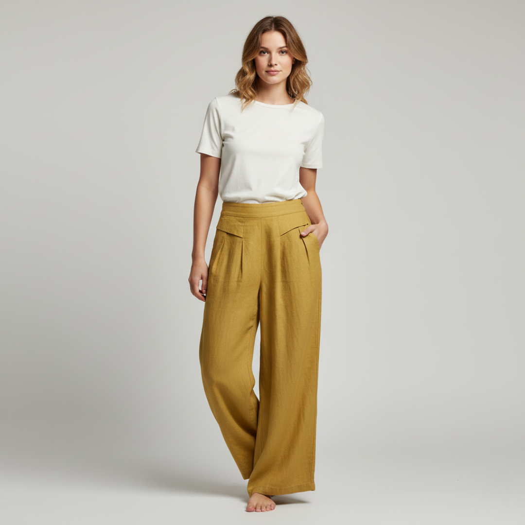 Comfortable Beige Cotton Linen High Waisted Loose Fit Pants - BritishElegance