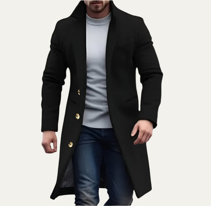 Men’s Long Wool Like Trench Coat with Notch Lapel