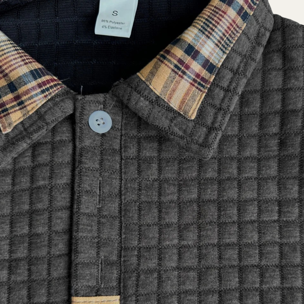 Men’s Textured Long Sleeve Polo with Plaid Collar