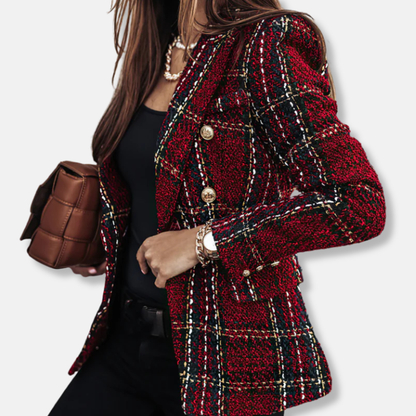 Freya Double-Breasted Blazer | Check Pattern Flap Pockets Blazer