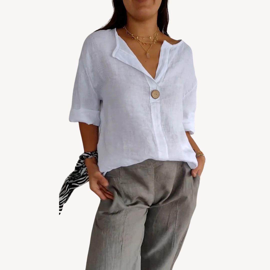 Women's Linen Long Sleeve V-Neck Blouse