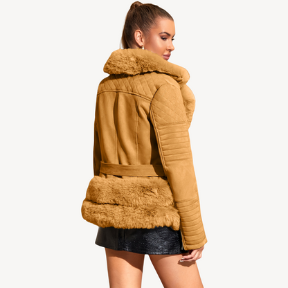 Women's Faux Fur Shearling Biker Jacket Brown