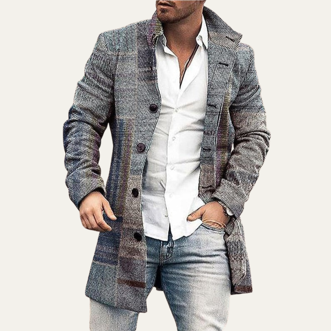 Men’s Long Check Pattern Tailored Overcoat