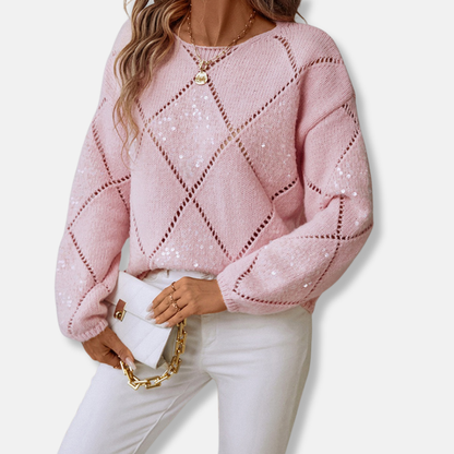 Women’s Knitted Sweatshirt – Relaxed Fit – Diamond Openwork – Sequin Embellished Sleeves