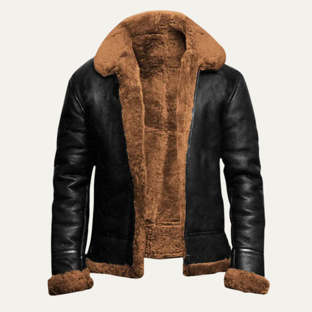 Men’s Shearling Trim Aviator Leather Jacket