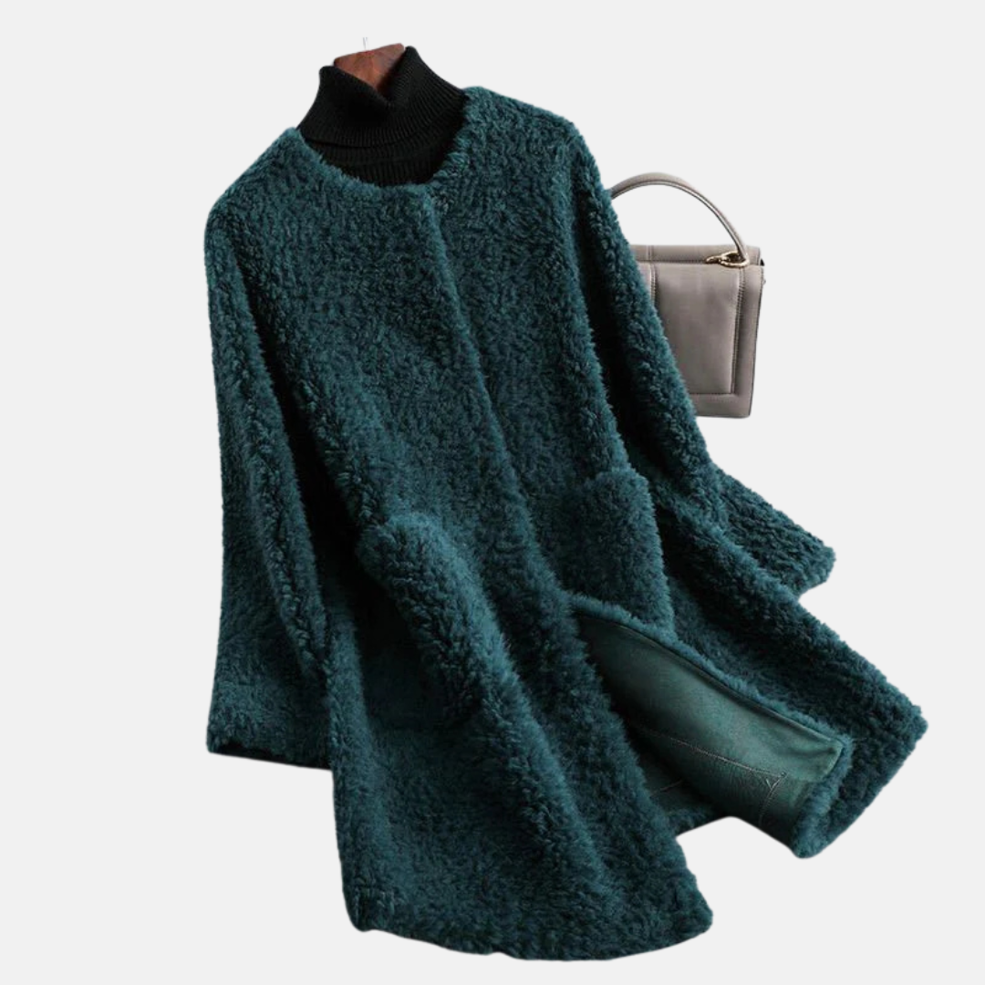 Women’s Mid-Length Coat – Relaxed Fit – Shaggy Faux Fur – Open Front – Patch Pockets