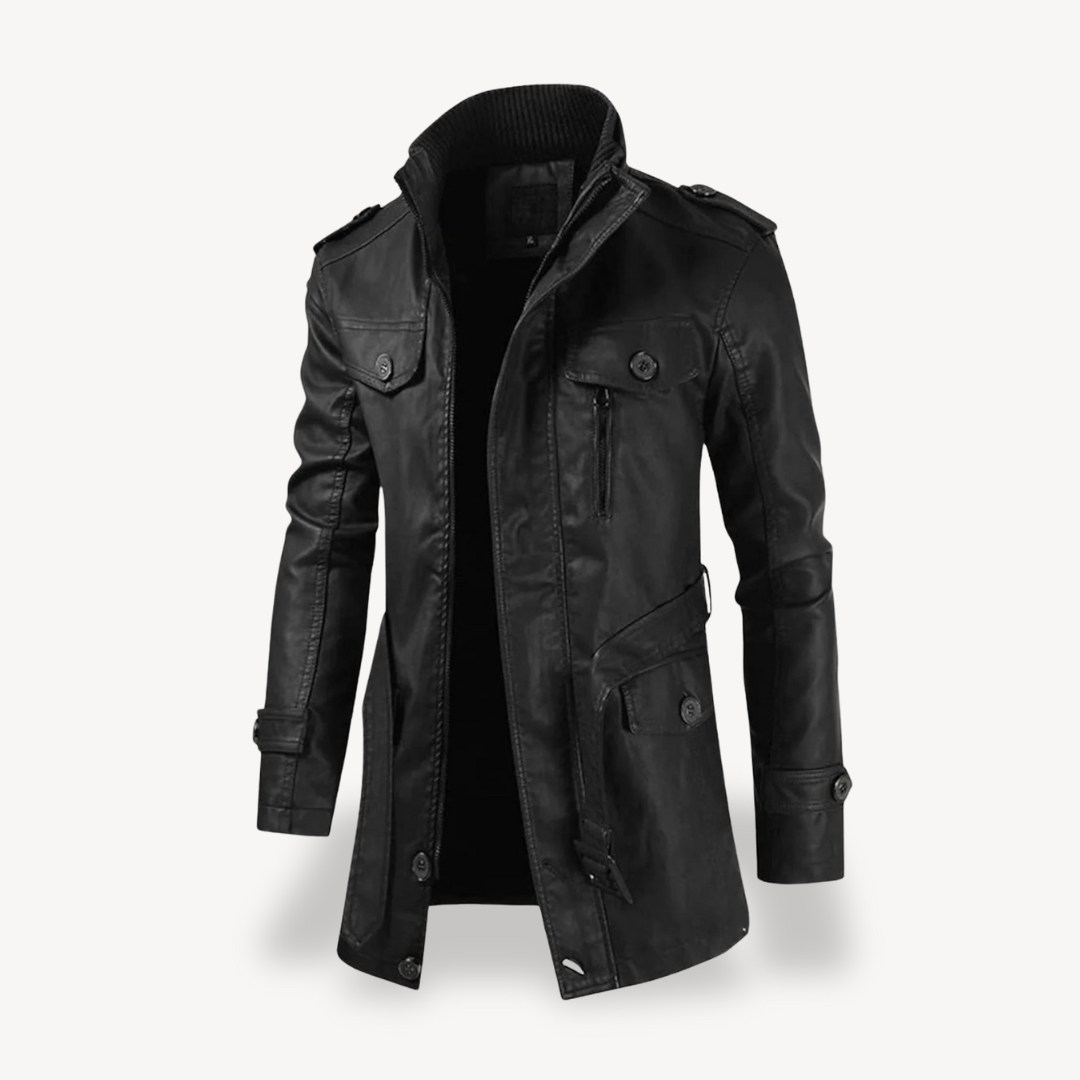Men’s Faux Leather Long Biker Jacket Casual Zip Coat