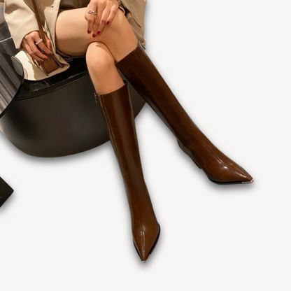 Women's Leather Knee-High Boots - Pointed Toe, Fashionable, Stylish - Ideal for Fall/Winter