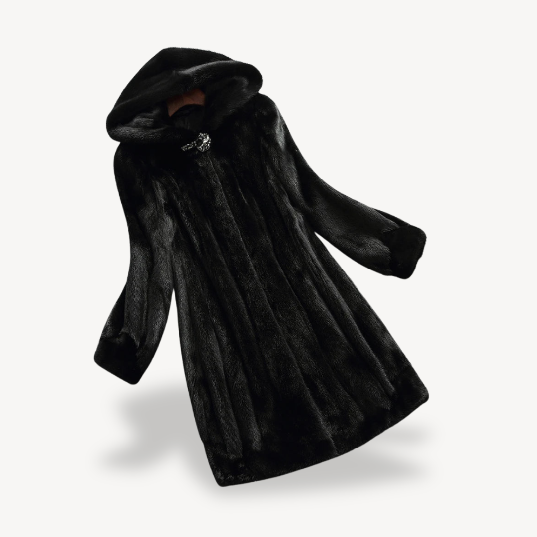 Women's Black Faux Fur Hooded Winter Coat Long Sleeve