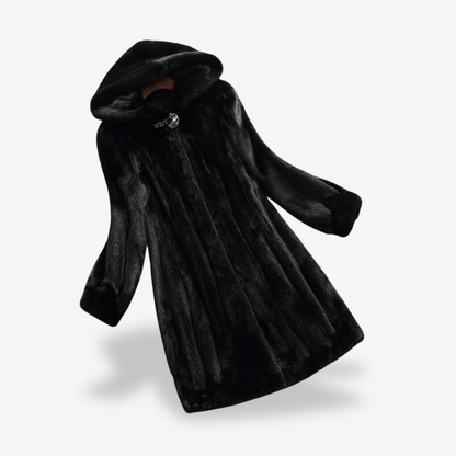 Women's Black Faux Fur Hooded Winter Coat Long Sleeve