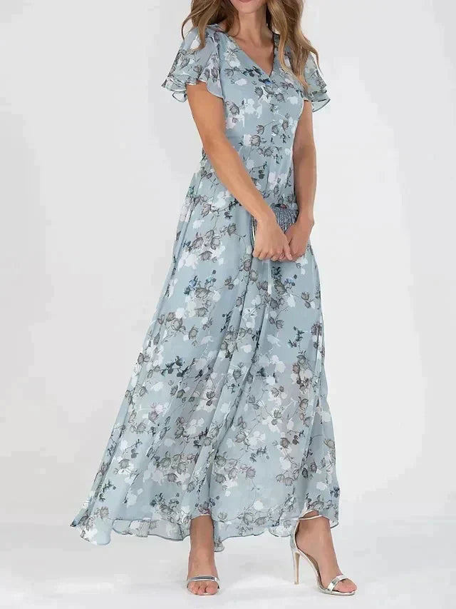 Beautiful Flower V-Neck Long Dress - BritishElegance