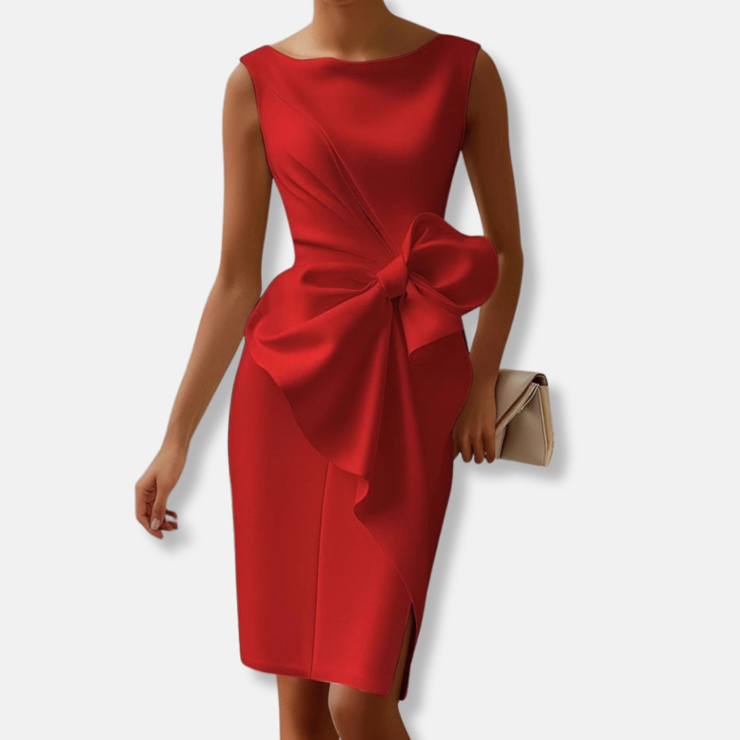 Olivia Slim Fit Midi Dress | Bow Detail Side Slit Dress