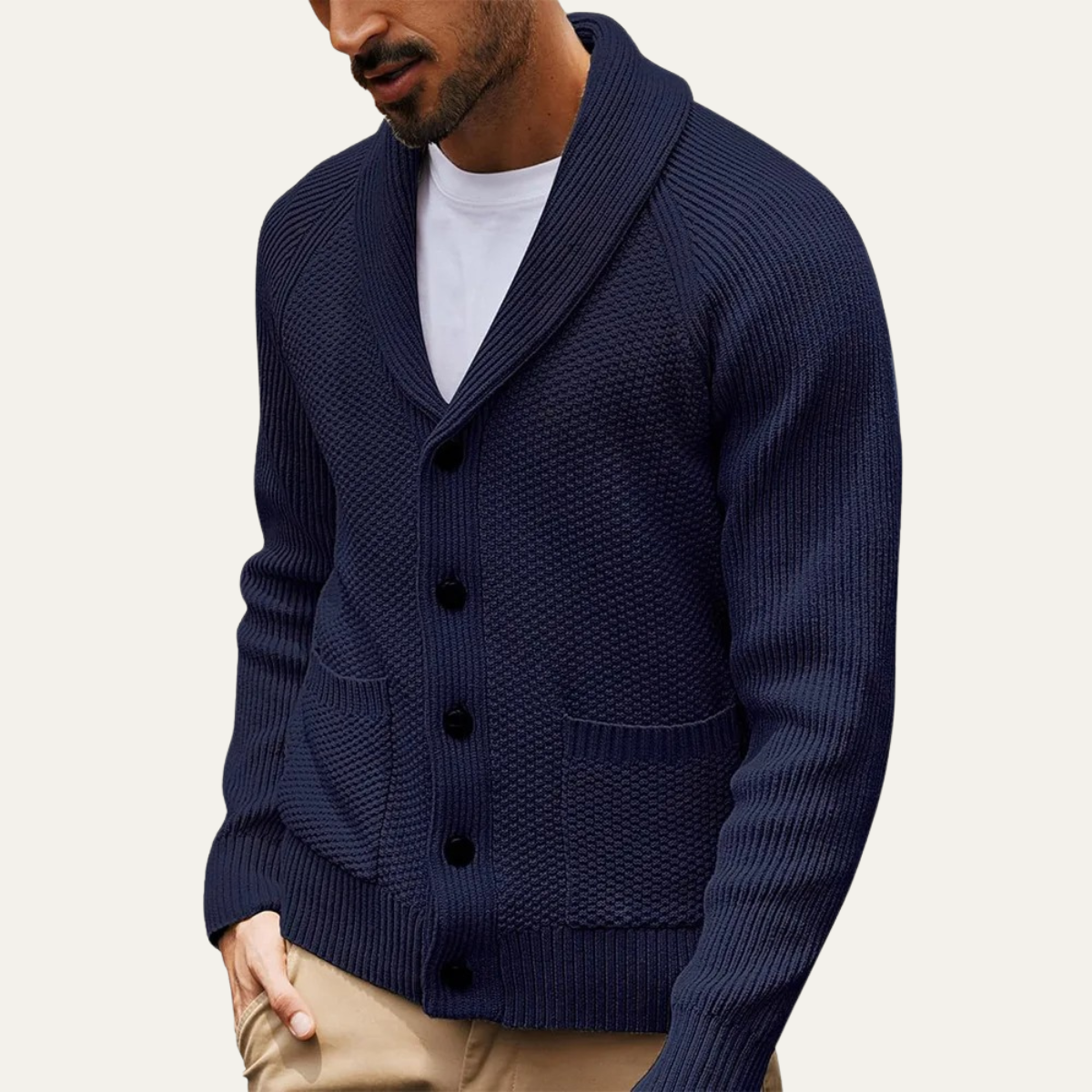 Men’s Shawl Collar Textured Knit Cardigan with Patch Pockets