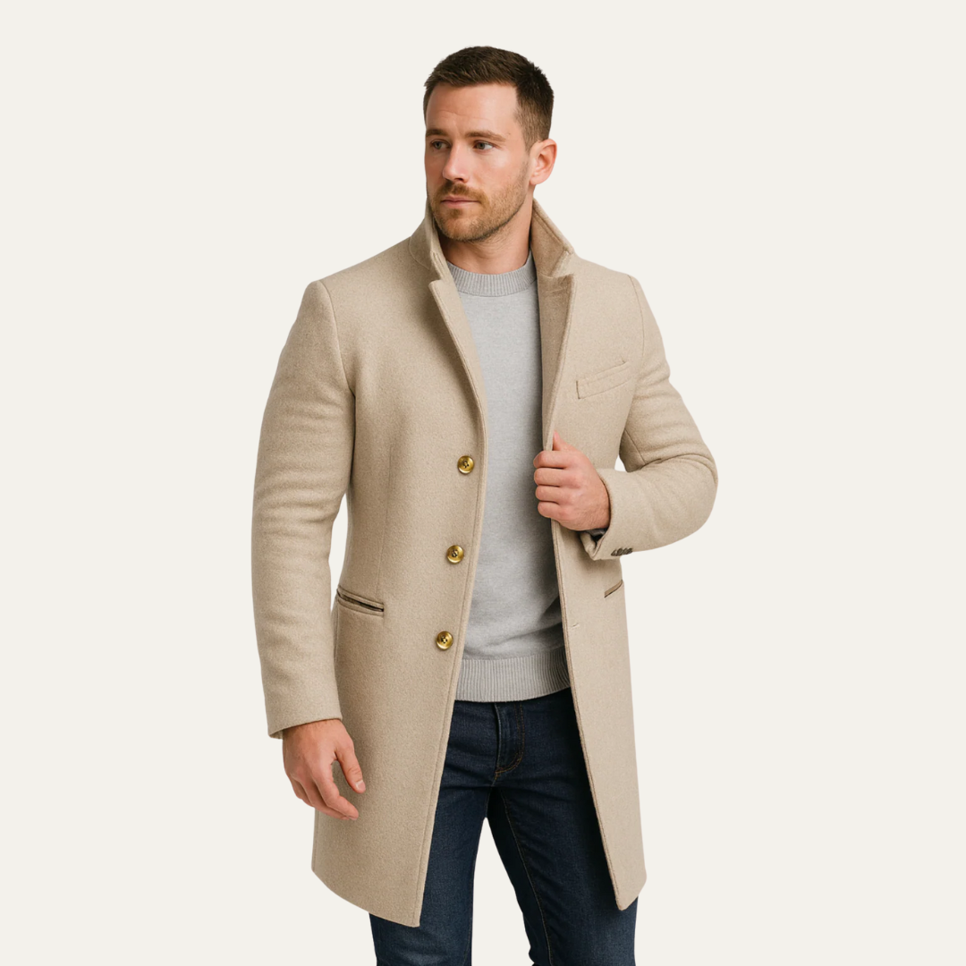 Men’s Gold-Button Mid-Length Topcoat