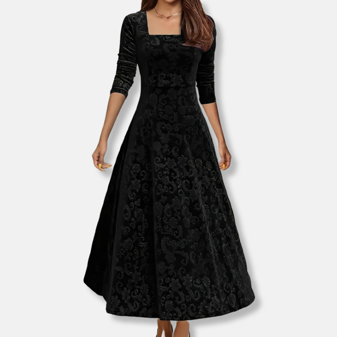 Ivy A-Line Midi Dress | Floral Square Neck Three-Quarter Sleeve Dress