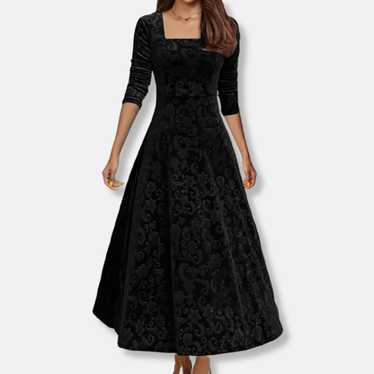 Ivy A-Line Midi Dress | Floral Square Neck Three-Quarter Sleeve Dress