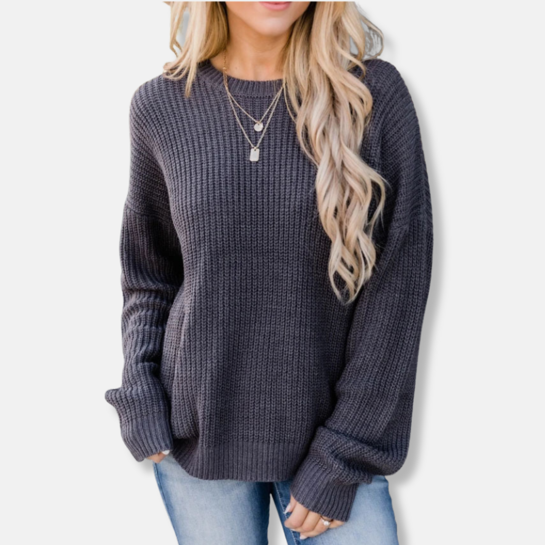 Women’s Knit Sweater – Wool Blend – Relaxed Fit – Ribbed Texture – Long Sleeve – Round Neck