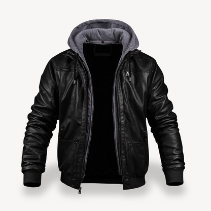 Men's Faux Leather Bomber Jacket with Hood