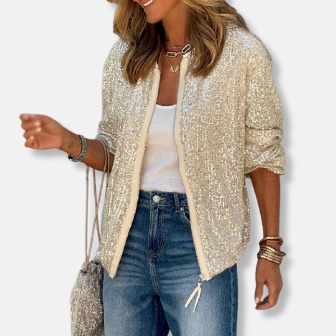 Ivy Cotton Blend Sequin Jacket | Collarless Relaxed Fit Jacket