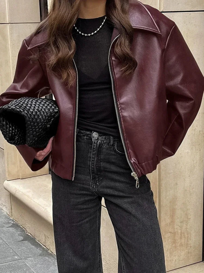 Women’s Autumn Burgundy Bomber Jacket | Short