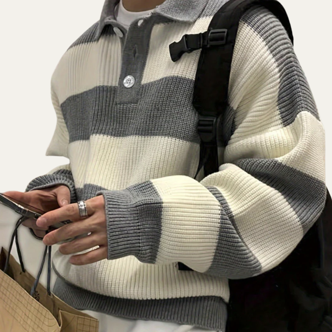 Men’s Striped Textured Knit Polo Sweater