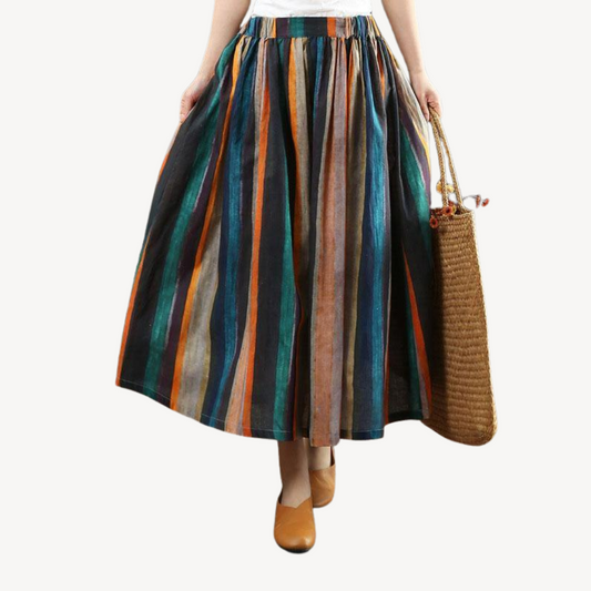 Vintage Striped A-Line Maxi Skirt Cotton Linen