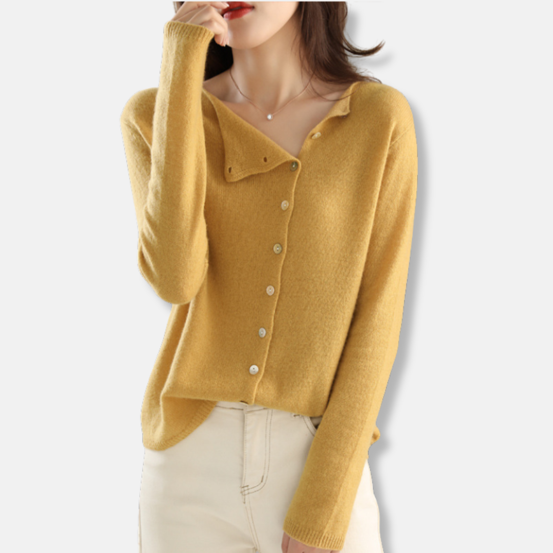 Women’s Knitted Cardigan – Relaxed Fit – Wool Blend – Asymmetrical Buttons – Ribbed Cuffs